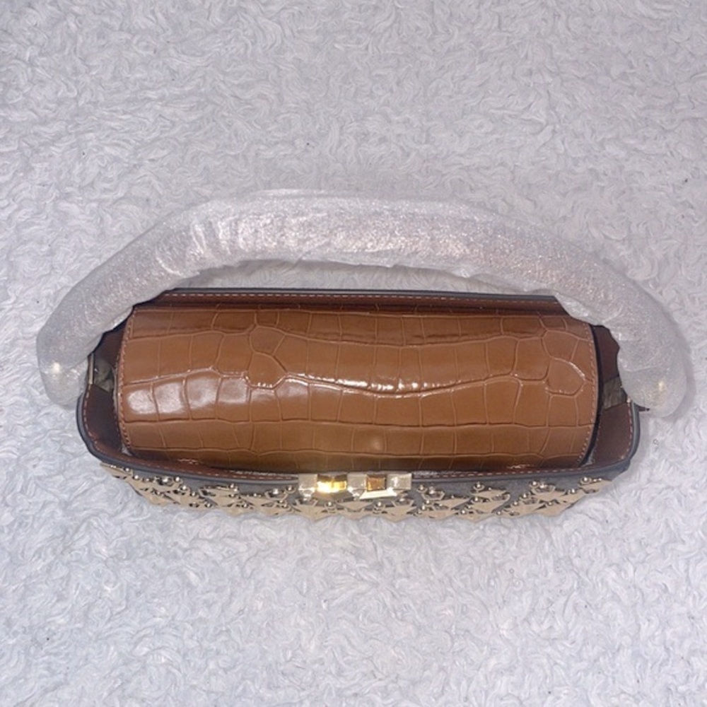 New Michael Kors Karlie Medium Studded Signature Logo Satchel in Chestnut Brown - Picture 10 of 17